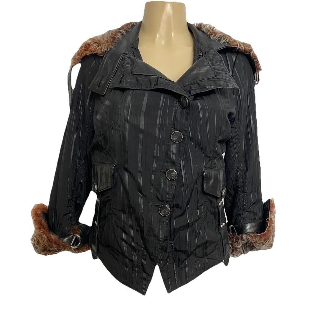 Punto Jacket Fur Collar Black Button Closure Pockets Leather trim 6 S